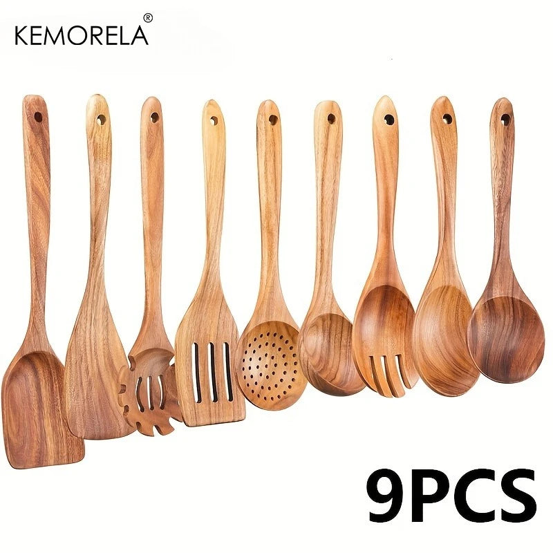 9-Piece Acacia Wood Kitchen Utensils Set – Spoons & Spatulas Wood Utensil Set Axl