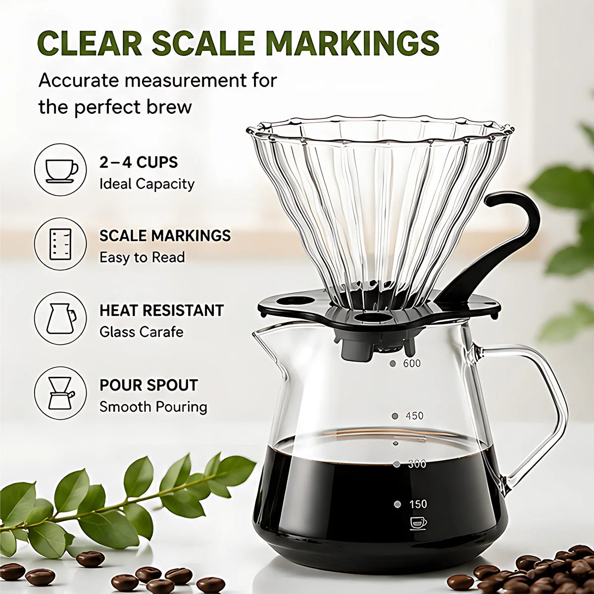 Leeseph Pour Over Coffee Maker – 600ml Glass Carafe & Dripper Pour Over Coffee Maker Axl