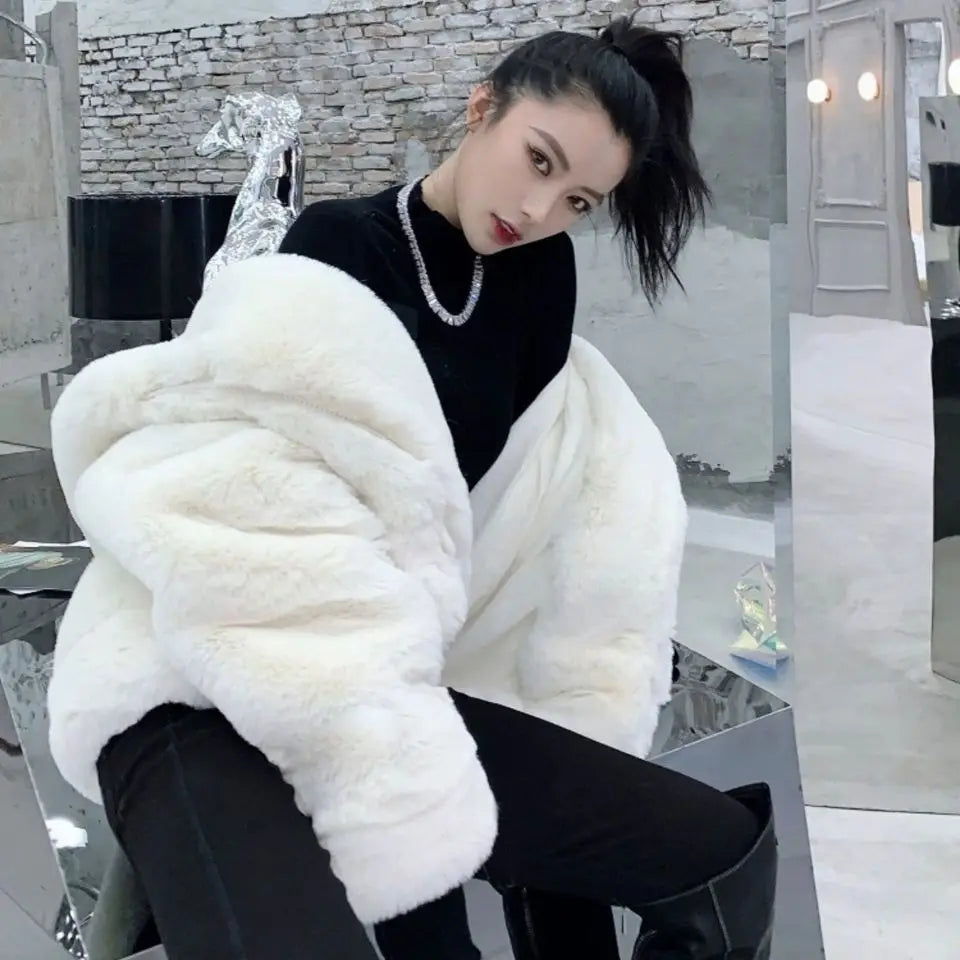 Women's Hooded Faux Fur Coat – Korean Style Plush Fleece Faux Fur Coat Axl