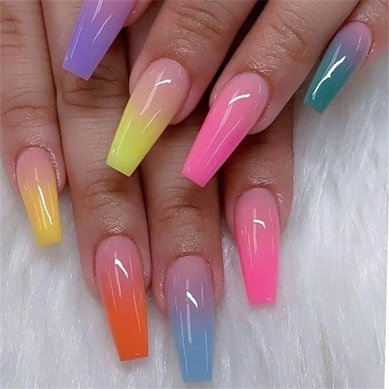 24-Piece Rainbow Coffin Ballerina False Nails – Full Cover Tips False Nails Axl