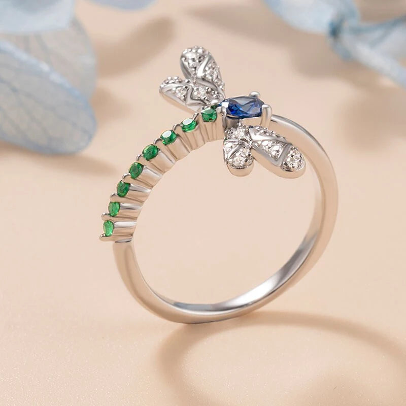 Huitan Dragonfly Ring Women – Blue Green CZ Statement Ring Fashion Statement Ring Axl