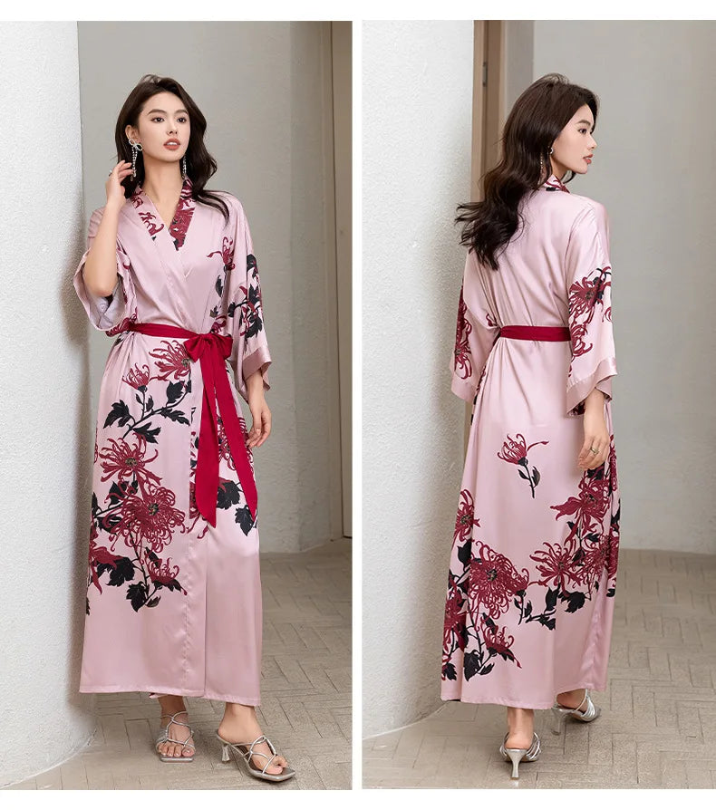 Women's Floral Satin Kimono Robe – Lace-Up Silk Bathrobe Satin Kimono Robe Axl 19 One Size