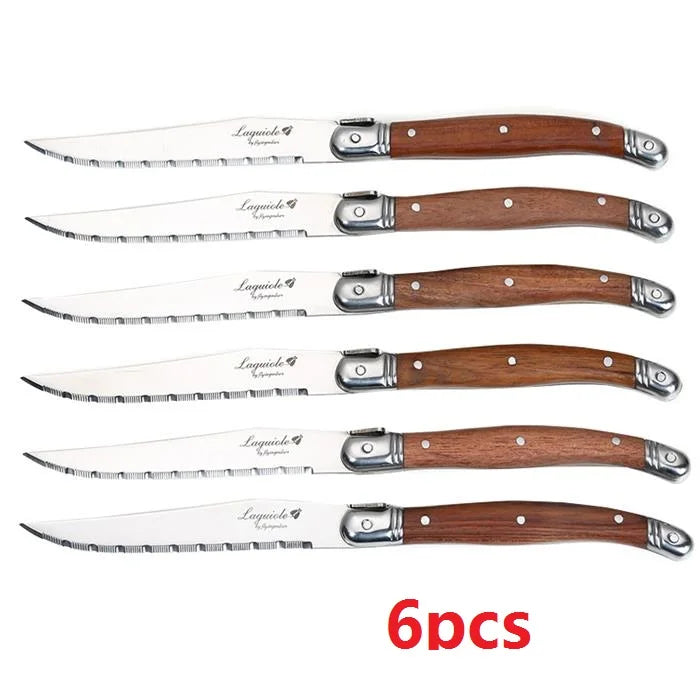 Laguiole-Style 6pc Steak Knife & Fork Set | Rosewood Handle Steak Knife Fork Set Axl 6pcs Steak Knives