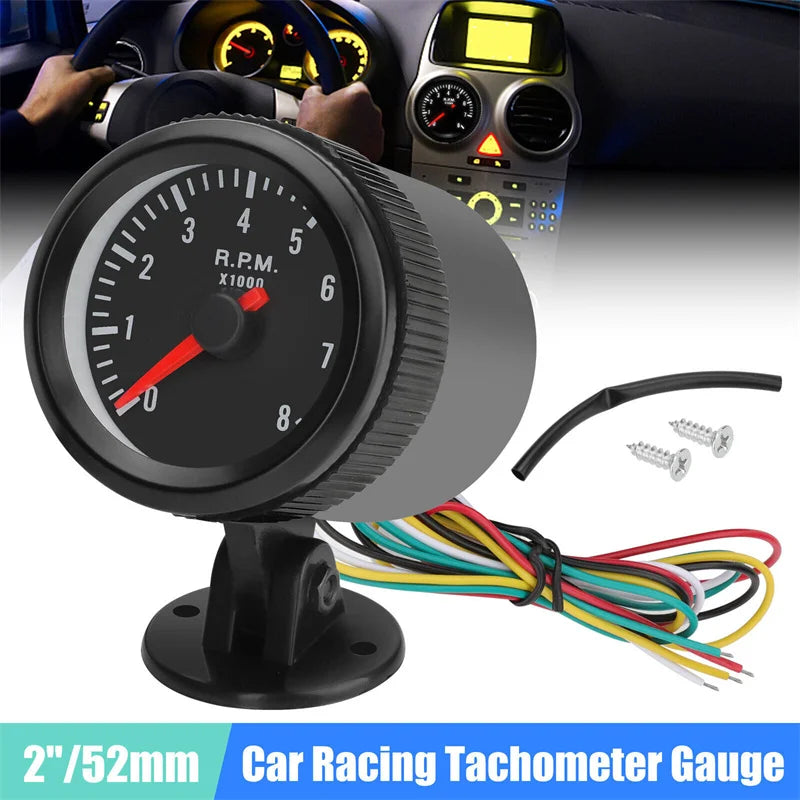52mm Analog Tachometer RPM Gauge 0–8000 RPM White LED | Petrol Car Analog RPM Gauge Axl