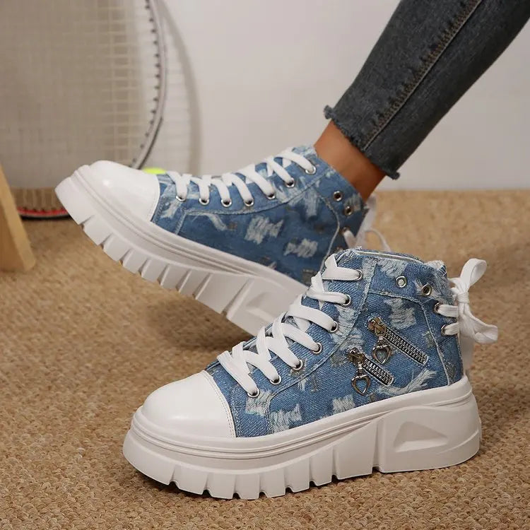 Women's Canvas Denim High-Top Sneakers – Thick Platform Sole Canvas High-Top Sneakers Axl blue 41