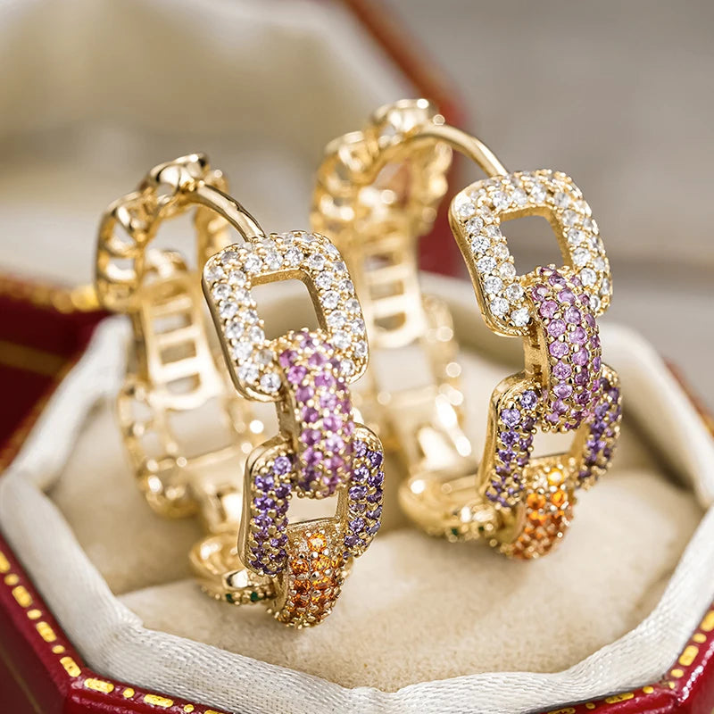 Huitan Sparkling CZ Hoop Earrings – Gold Chain Linked Hoops CZ Hoop Earrings Axl E5001