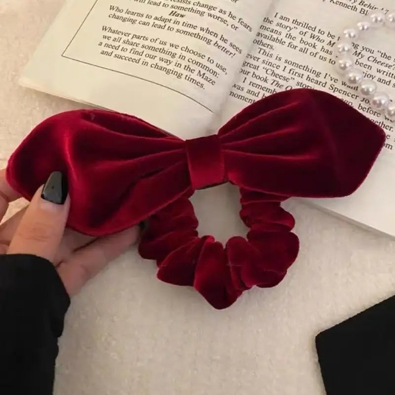 Vintage Black Velvet Bow Hair Scrunchie – Elegant Ponytail Tie Velvet Hair Scrunchie Axl Red