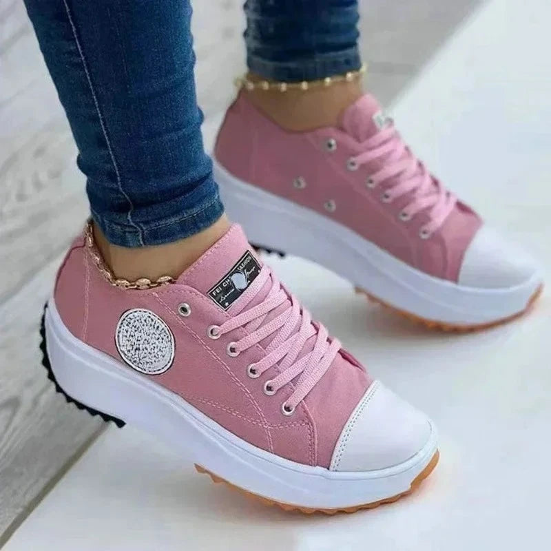 Women's Canvas Lace-Up Sneakers – Flat Casual Walking Shoes Canvas Sneakers Axl
