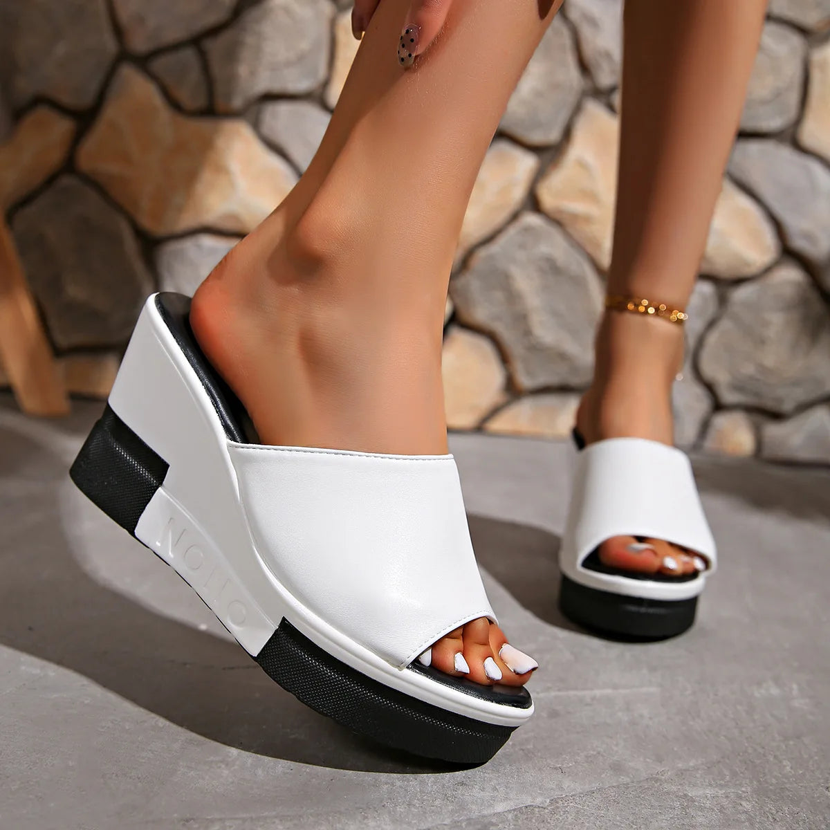 Women's Wedge Platform Slides – High Heel Summer Sandals Wedge Platform Sandals Axl 42 WHITE