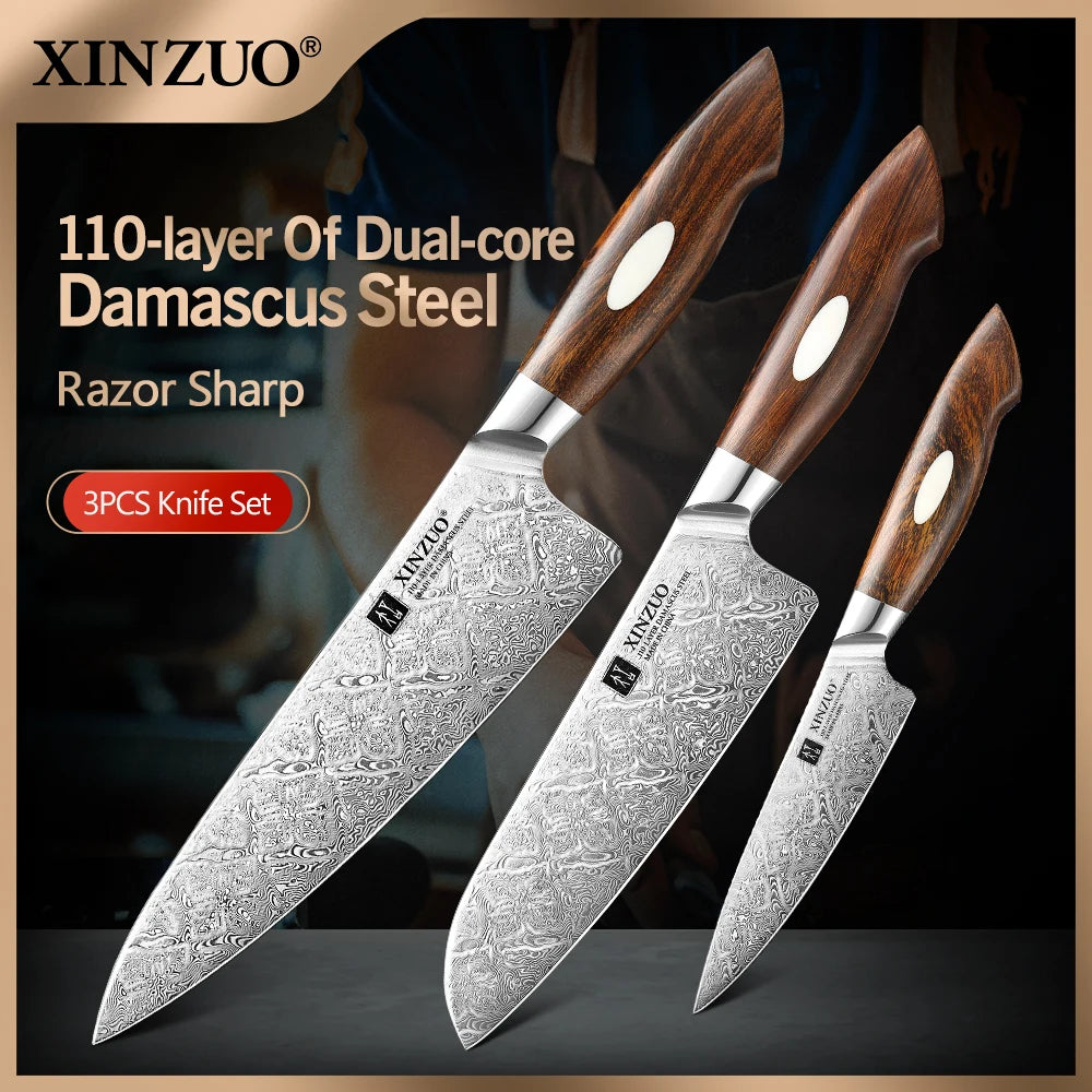 XINZUO 3-Piece Damascus Steel Kitchen Knife Set – Chef Santoku Kitchen Knife Set Axl China Mainland