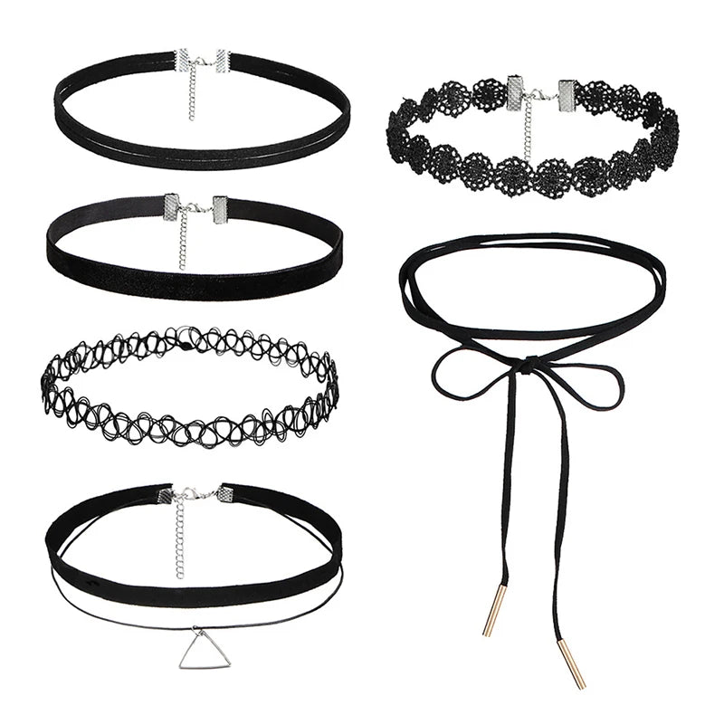 6-Piece Gothic Velvet & Lace Choker Necklace Set – Black Choker Necklace Set Axl Set