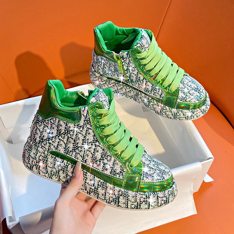 Women's Rhinestone High-Top Sneakers – Thick Sole Lace-Up High-Top Sneakers Axl green 35