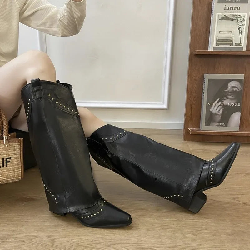 Women's Western Cowgirl Boots – Slip-On Square Heel Knee-High Western Cowgirl Boots Axl