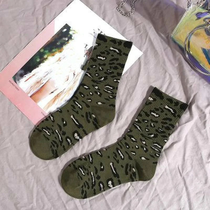Leopard Print Crew Socks – Unisex Cotton Hip Hop Style Crew Socks Axl green