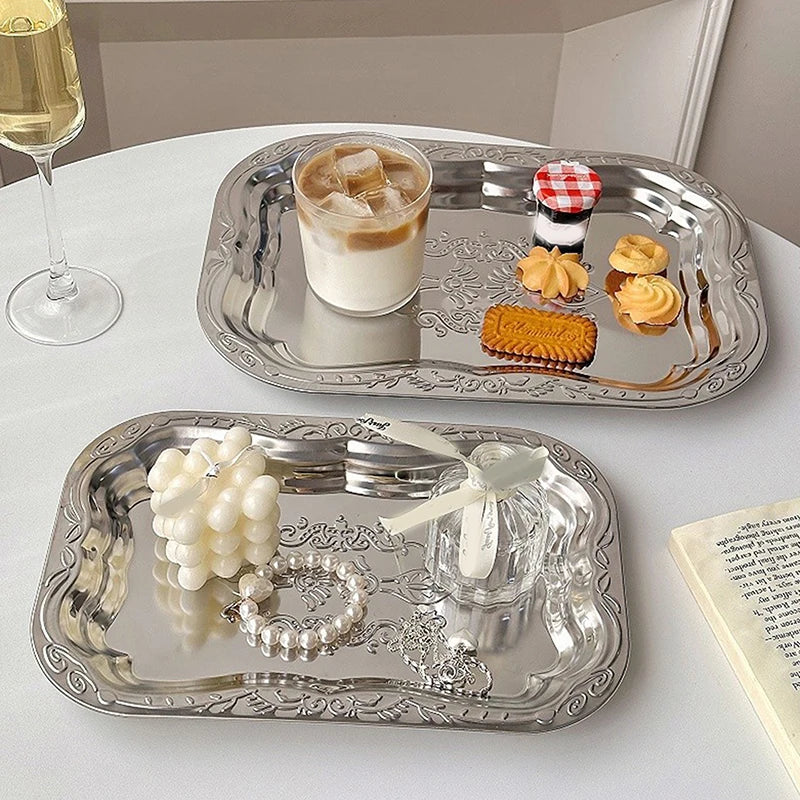Stainless Steel Rectangular Tray – Embossed Vintage Serving Dish Serving Tray Axl