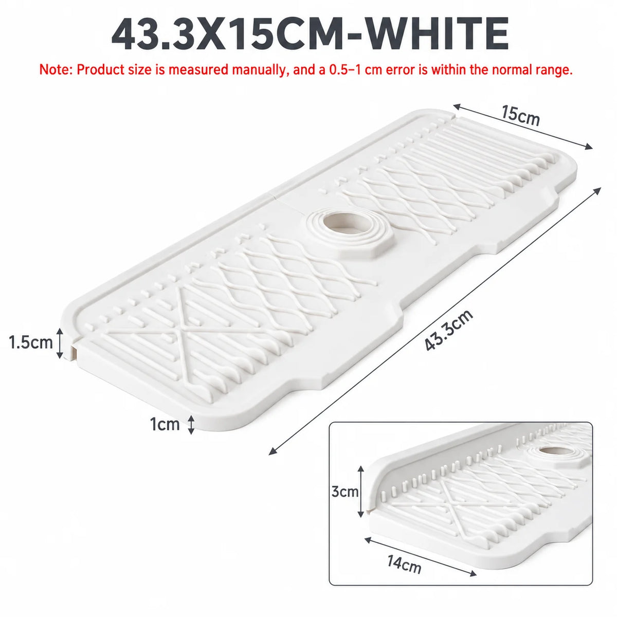 Uwhise Silicone Faucet Mat – Sloped Sink Splash Guard & Drip Tray Silicone Sink Mat Axl 43.3x15CM-White Strip