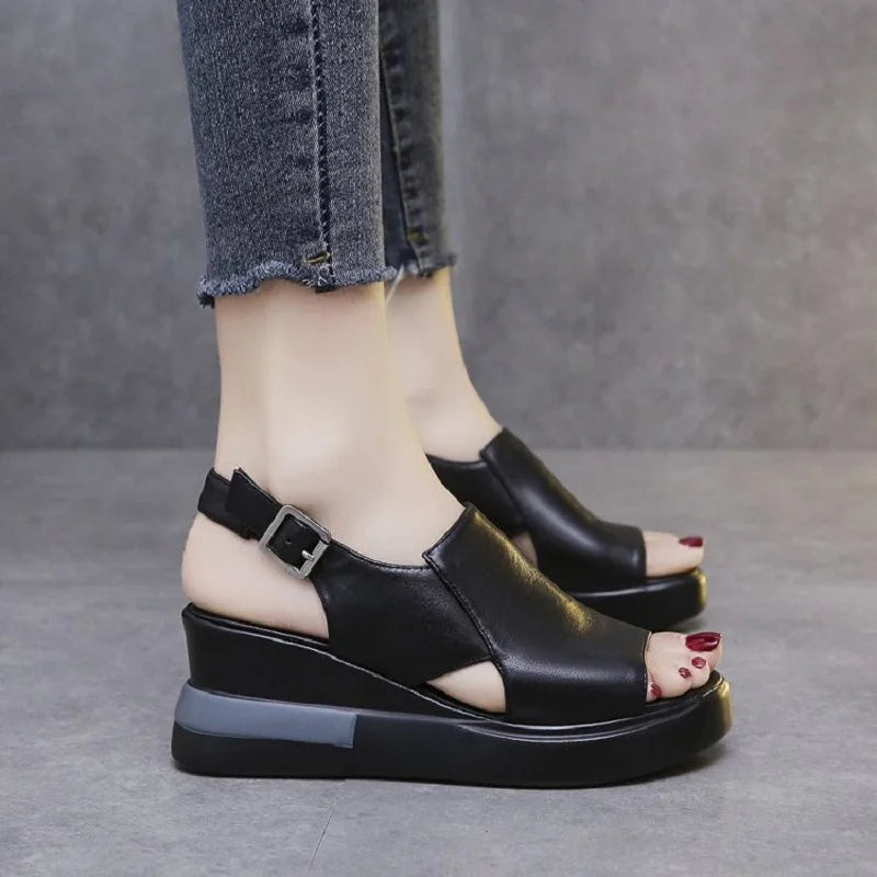 Women's Wedge Sandals – Retro Peep Toe Buckle Beach Shoes Wedge Sandals Axl