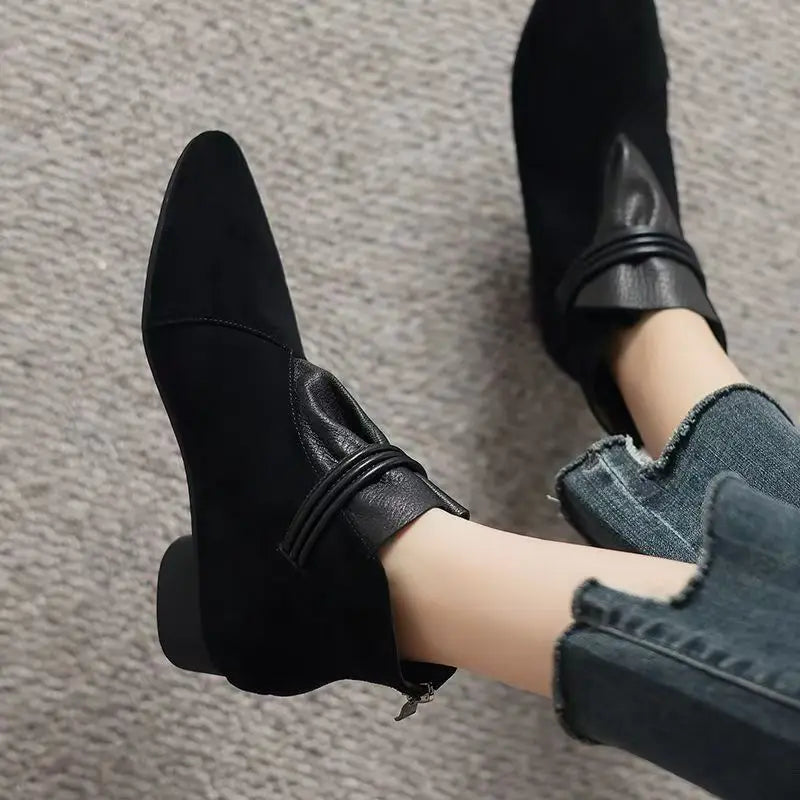 Women's Suede Ankle Boots | Pointed Toe Double Buckle Side Zip Women's Ankle Boots Axl black 36