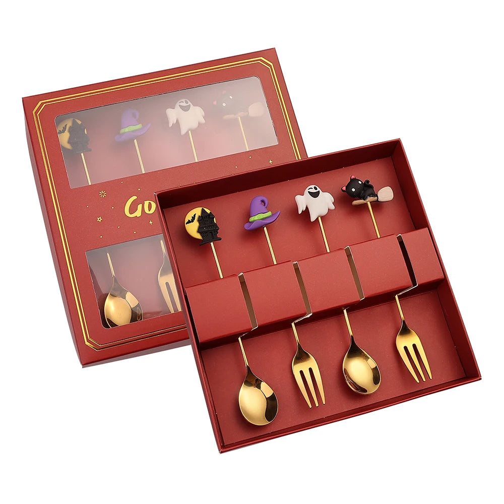 4-Piece Halloween Stainless Steel Spoon & Fork Set – Gift Box Flatware Gift Set Axl 4PCS Red Box A