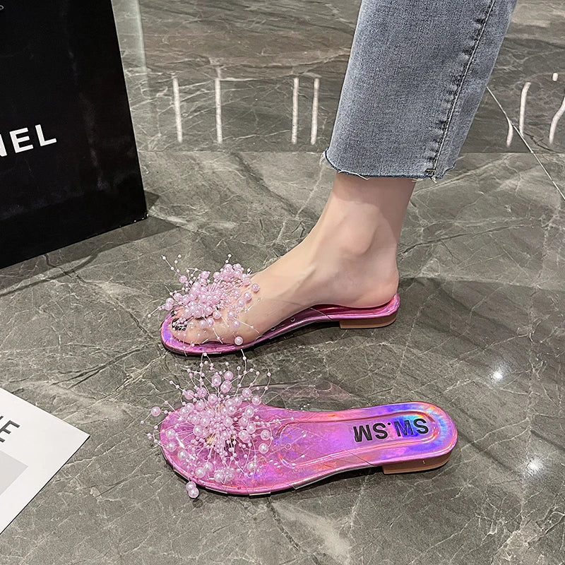 Women's Pearl Flat Slippers – Elegant Transparent Beach Slides Women's Flat Slippers Axl