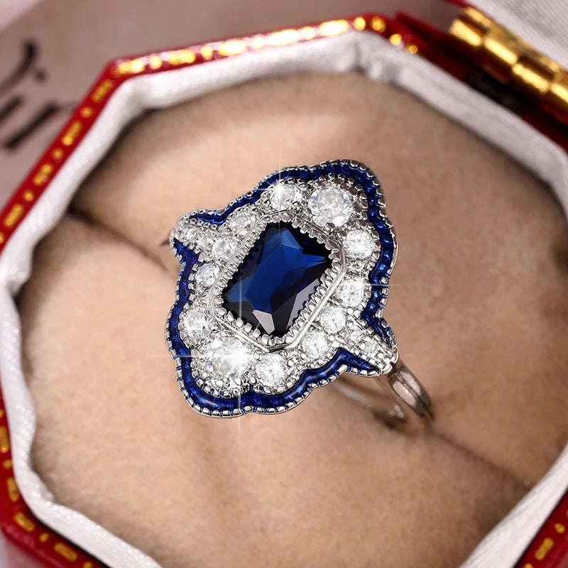 Huitan Blue Enamel Geometric Ring – CZ Women's Fashion Ring Fashion Ring Axl