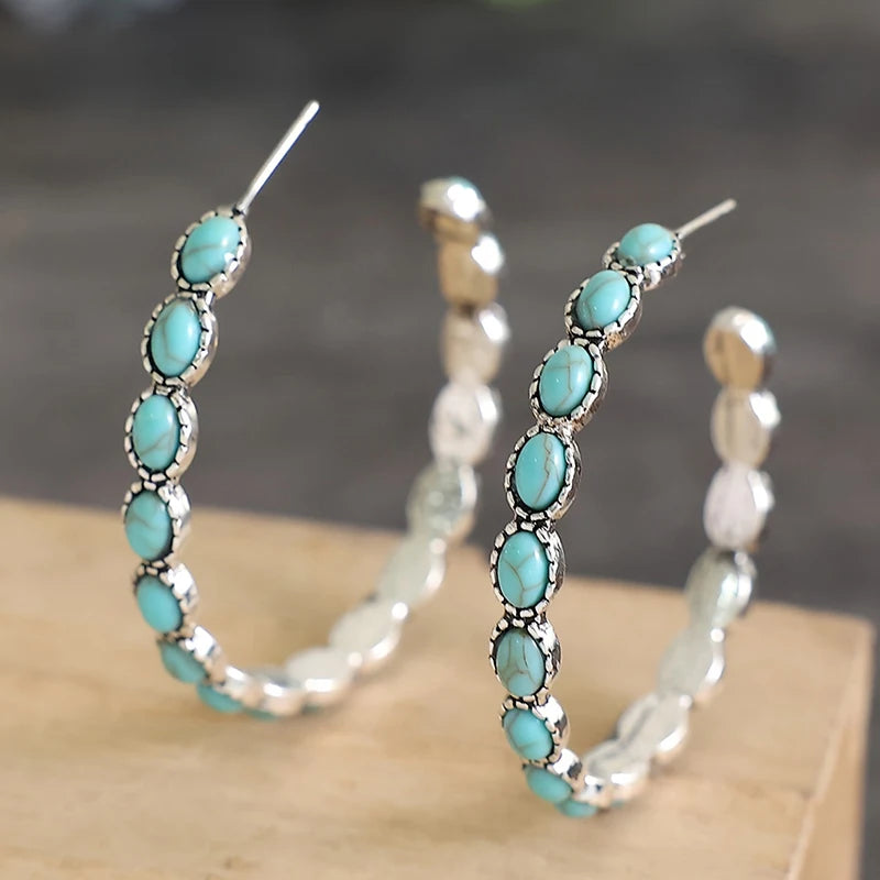 Huitan Large Hoop Earrings Imitation Turquoise | Vintage Style Hoop Earrings Axl E5550