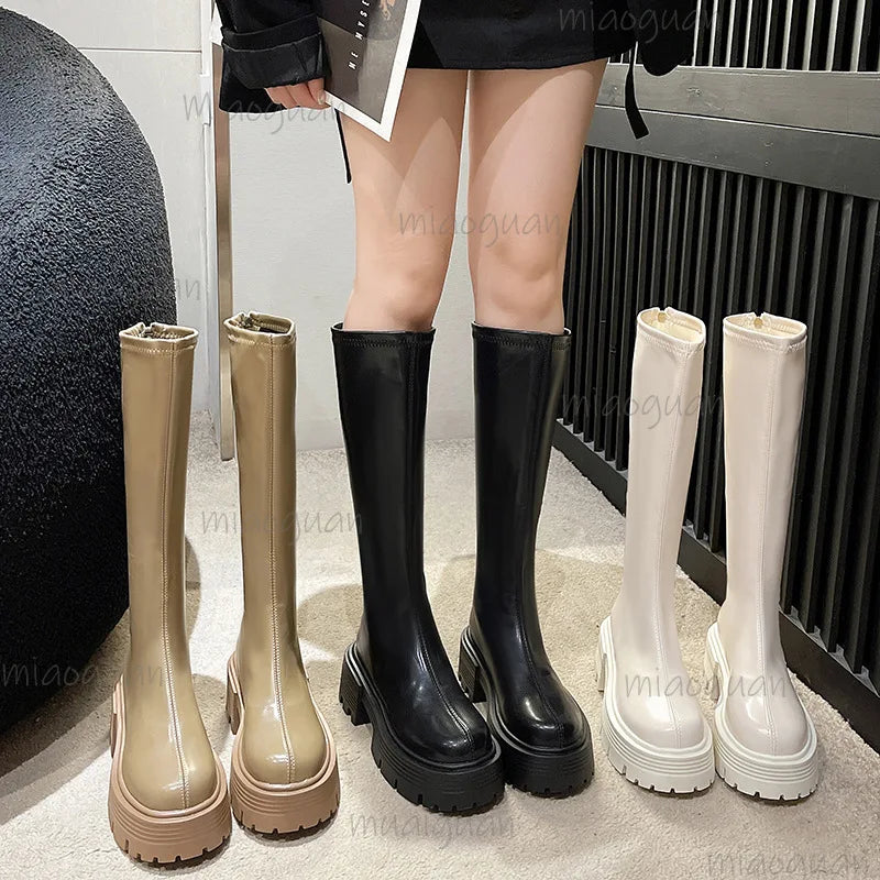 Women's Retro Knee High Boots – Thick Sole & Back Zipper Knee High Boots Axl