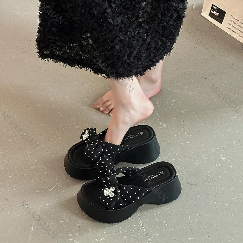 Women's 7CM Wedge Platform Slippers – Rhinestone Bow Sandals Wedge Platform Slippers Axl