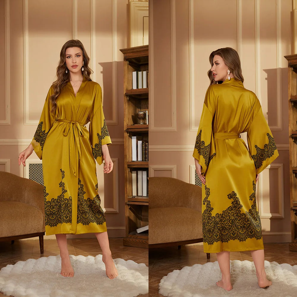 Women's Satin Floral Robe – Long Sleeve Lace-Up Bathrobe Satin Bathrobe Axl 3383-5 One Size