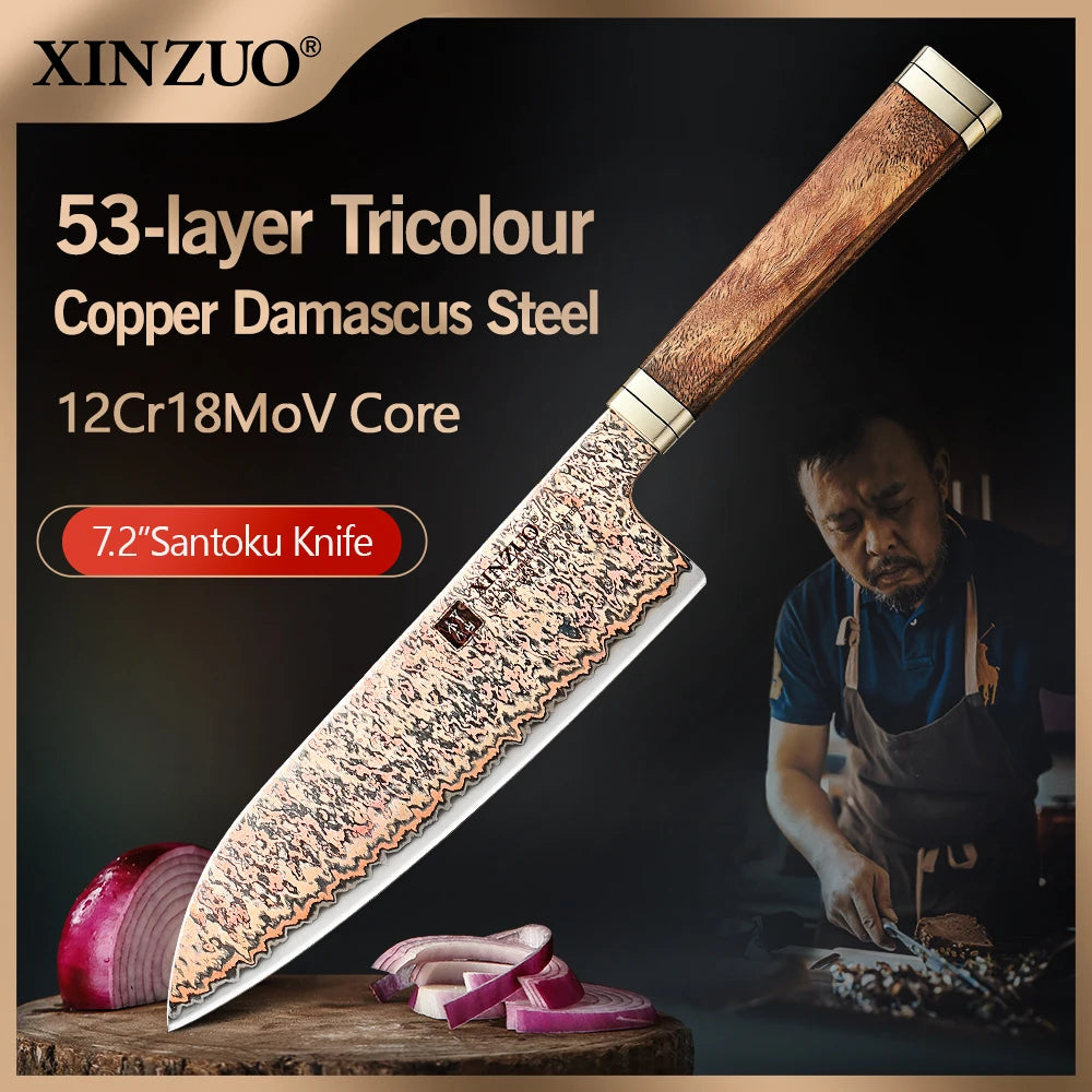 XINZUO 7-Inch Santoku Knife – 53-Layer Copper Damascus Steel Damascus Santoku Knife Axl