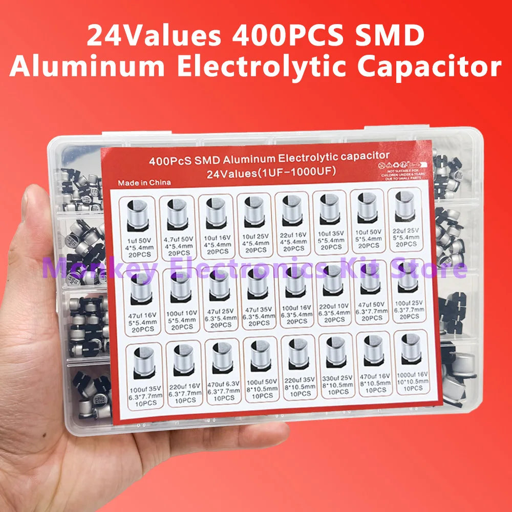 400PCS SMD Electrolytic Capacitor Kit – 24 Values 1uF–1000uF Capacitor Assortment Kit Axl