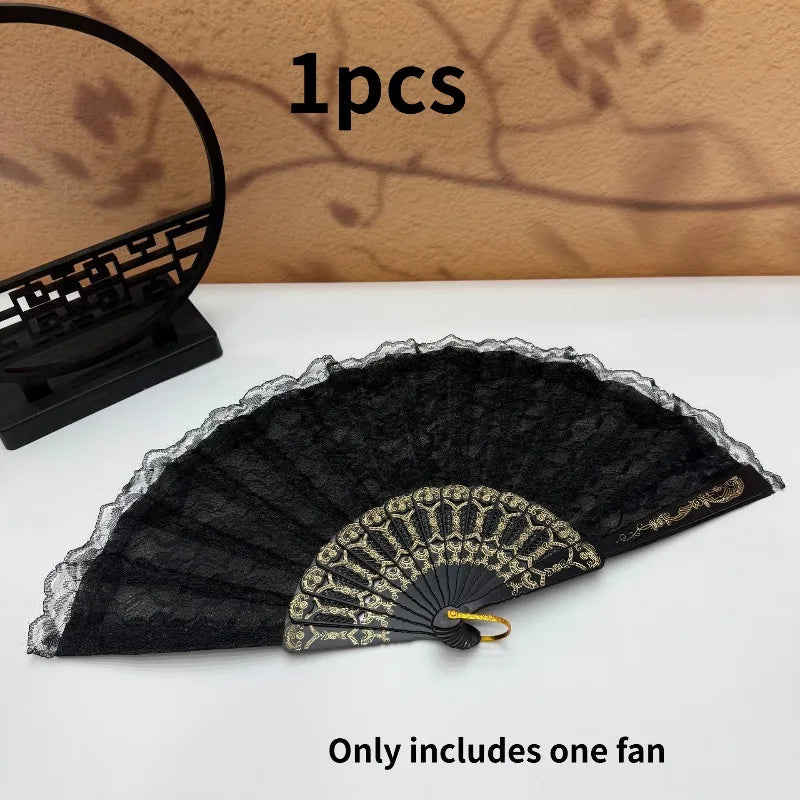Vintage Lace Folding Fan – Chinese Japanese Art Craft Décor Decorative Folding Fan Axl BlackB-1pcs