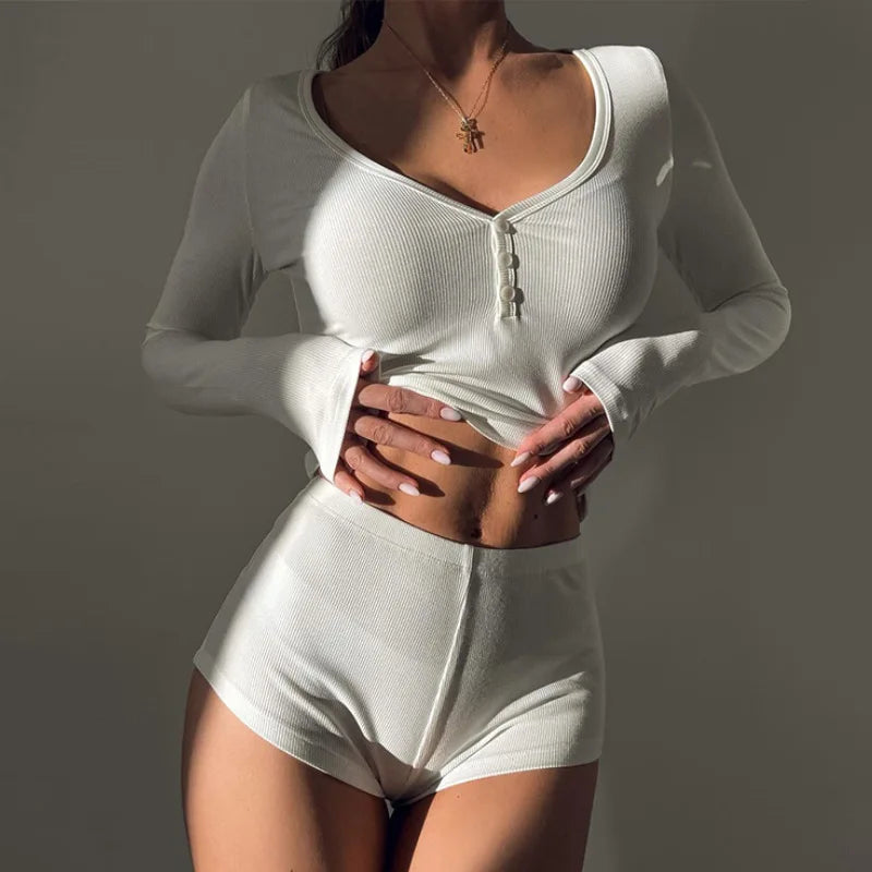 Women's 2-Piece Pajama Set – V-Neck Long Sleeve & Shorts Pajama Set Axl white M