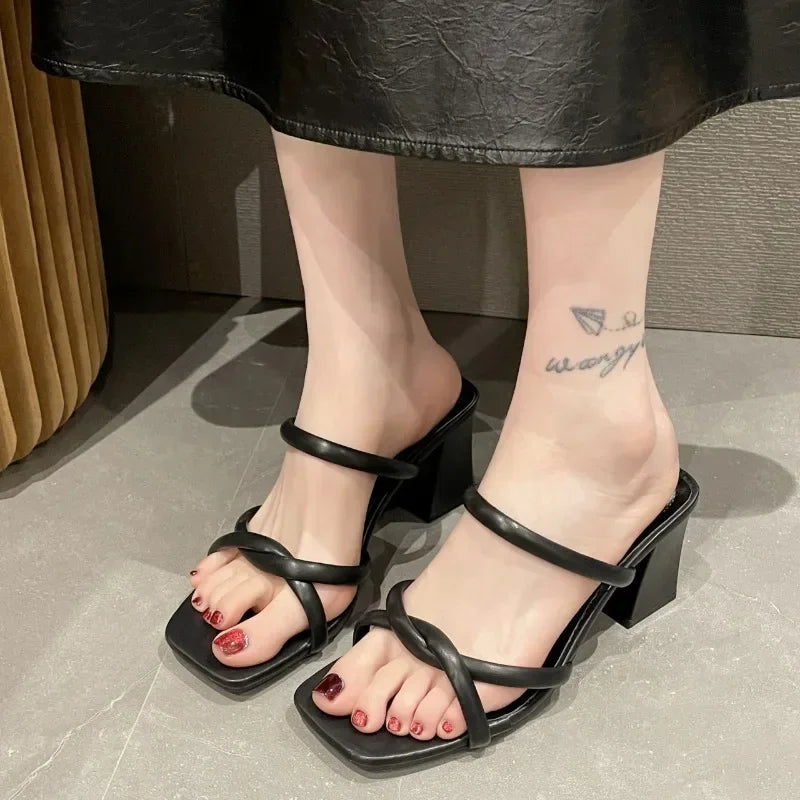 Women's Square Toe Chunky Mid-Heel Sandals | Pleated Strap Block Heel Sandals Axl