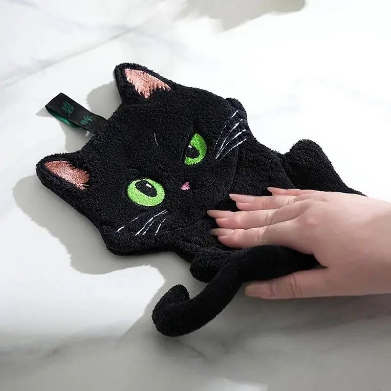 Cartoon Black Cat Hand Towel – Soft Absorbent Coral Fleece Hand Towel Axl