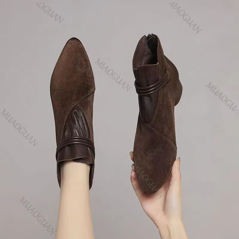 Women's Suede Ankle Boots | Pointed Toe Double Buckle Side Zip Women's Ankle Boots Axl