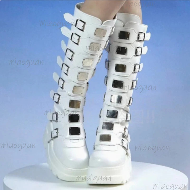 Women's Over-the-Knee Wedge Boots | Metal Buckle & Back Zipper Wedge Knee Boots Axl WHITE 43