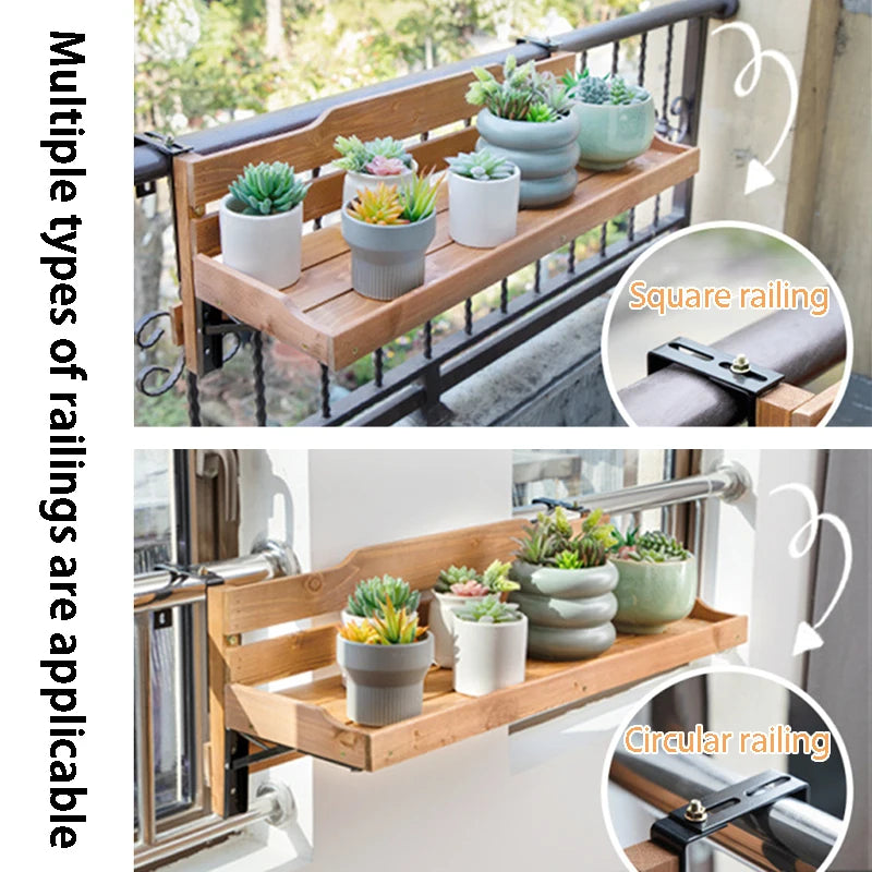 Foldable Balcony Railing Table & Flower Pot Rack – Wood Balcony Plant Stand Axl