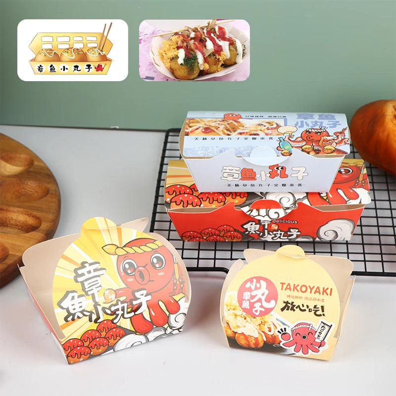 50-Pack Takoyaki Boxes – Disposable Octopus Ball Packaging Disposable Food Box Axl