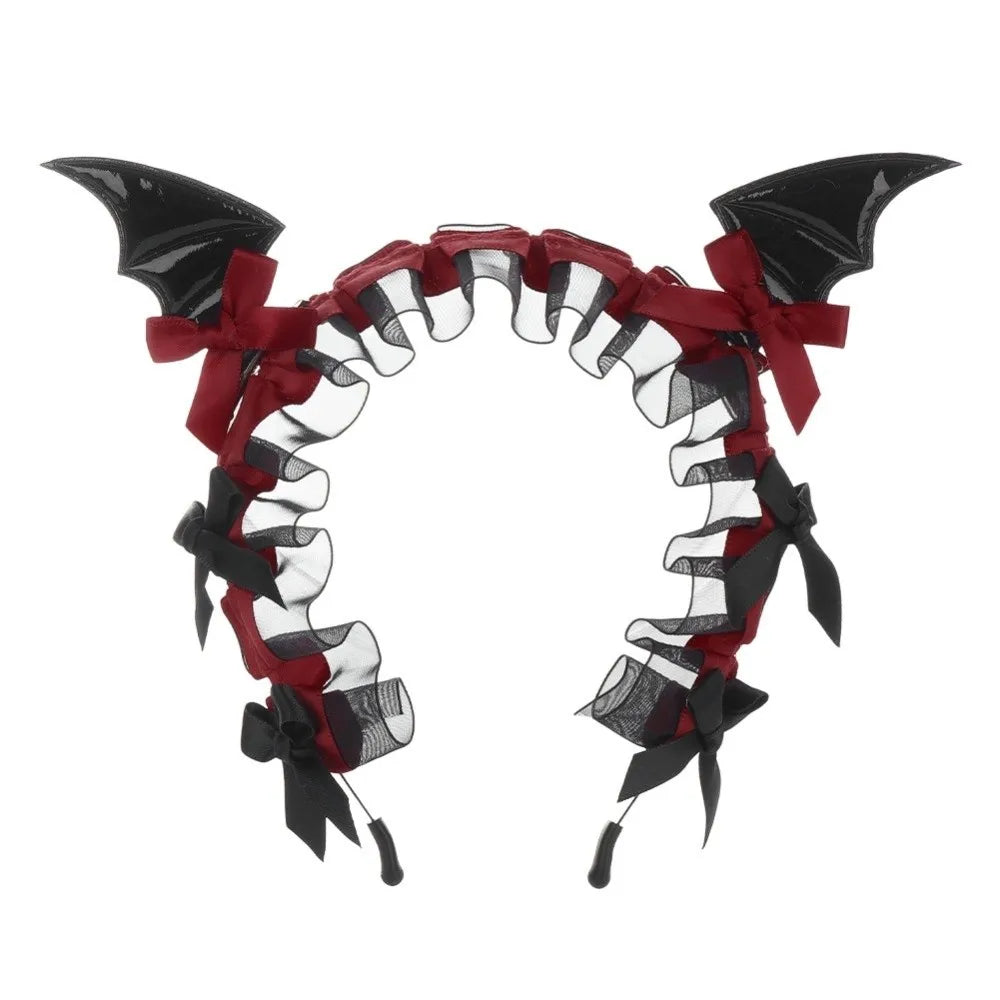 Gothic Bat Ruffle Lace Headband – Punk Bow Cosplay Hair Hoop Gothic Hair Headband Axl Black-Red