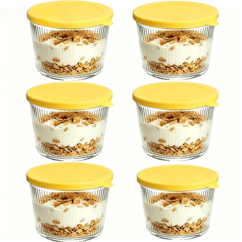 KEMORELA Glass Bowls with Lids – Stackable Striped Set Glass Storage Bowls Axl 6PCS Yellow