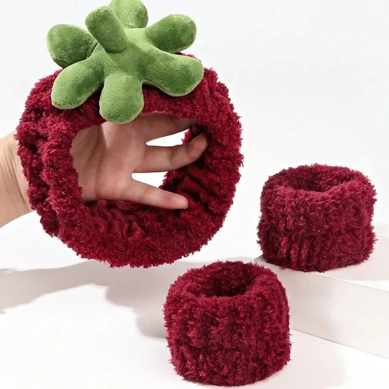 Strawberry Headband & Wristband Set – Soft Terry Cloth 3 Pcs Hair Accessories Set Axl