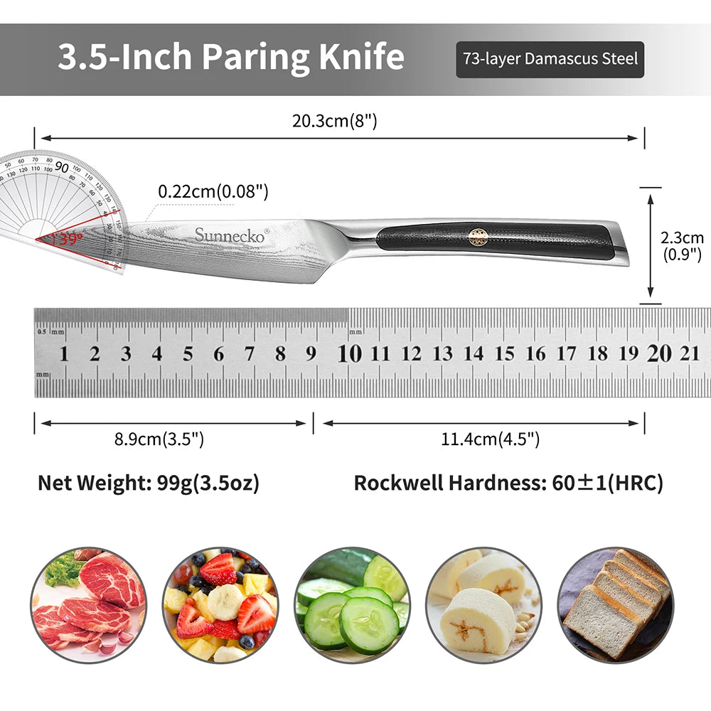 Sunnecko 3.5" Damascus Paring Knife – 73-Layer VG10 G10 Handle Damascus Paring Knife Axl