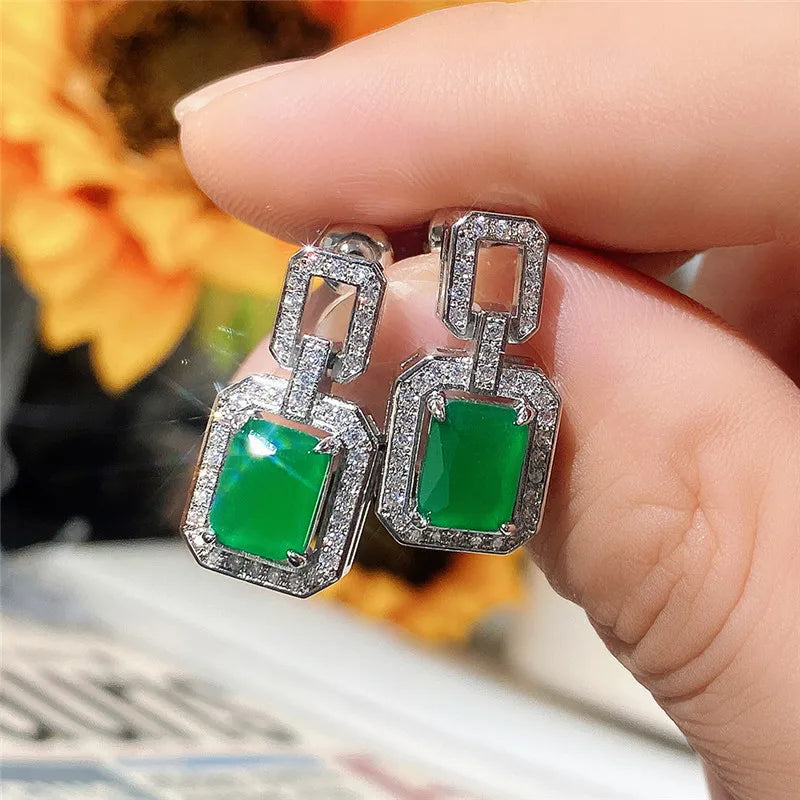 Huitan Vintage Green CZ Geometric Dangle Earrings for Women CZ Dangle Earrings Axl