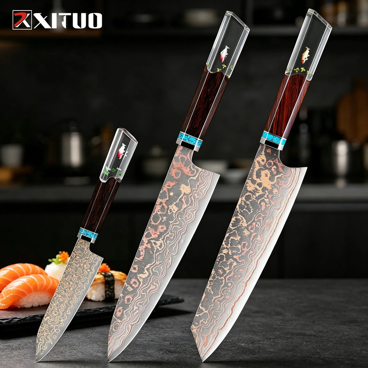 XITUO Damascus Steel Chef Knife Set – Octagonal Wood Handle Kitchen Knife Set Axl 3PCS Knife