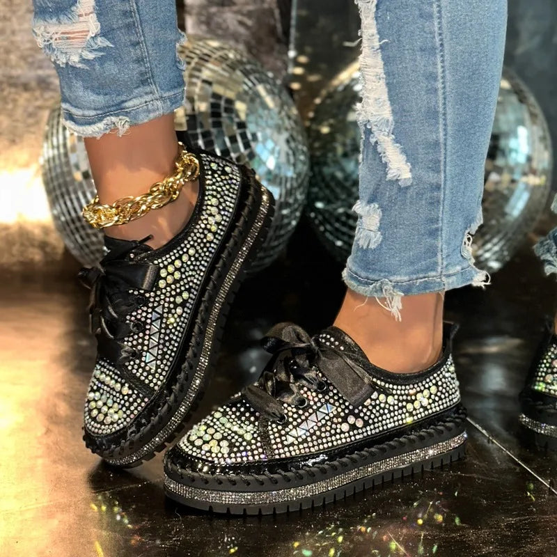 Women's Rhinestone Flat Sneakers – Luxury Casual Trainers Flat Sneakers Axl