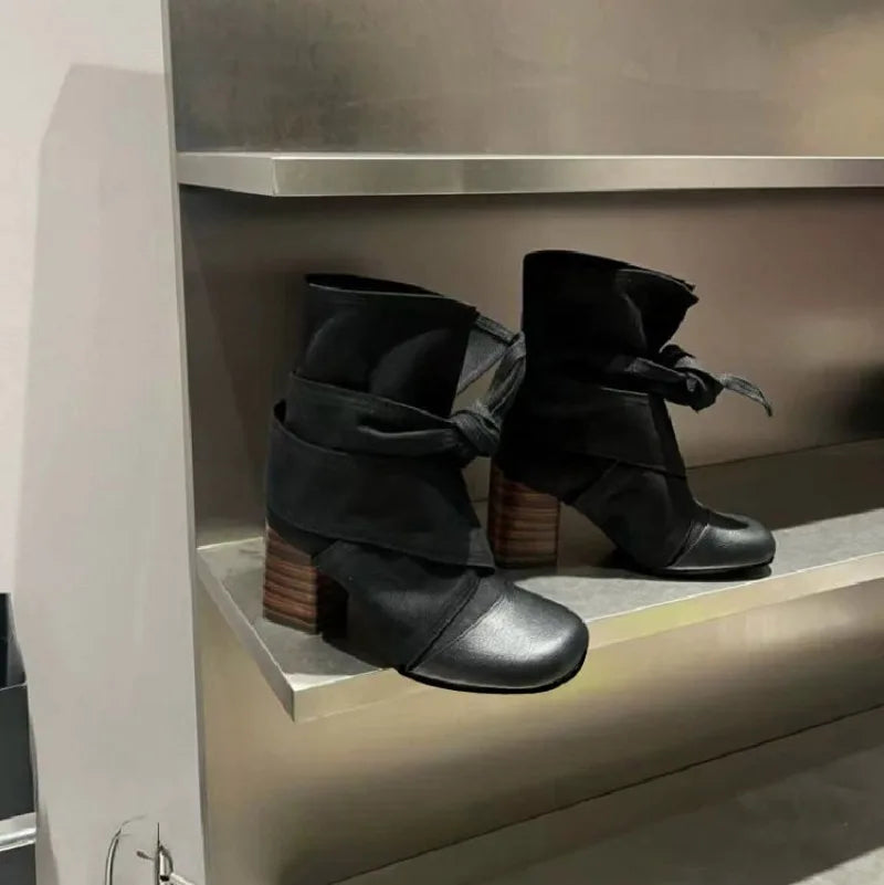Women's Black Denim Patchwork Mid-Calf Booties | Square Heel Mid-Calf Booties Axl