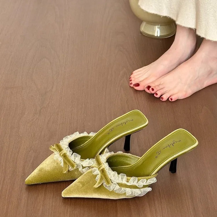 Women's Velvet Stiletto Heeled Slippers – Lace Bow French Style Stiletto Heeled Slippers Axl