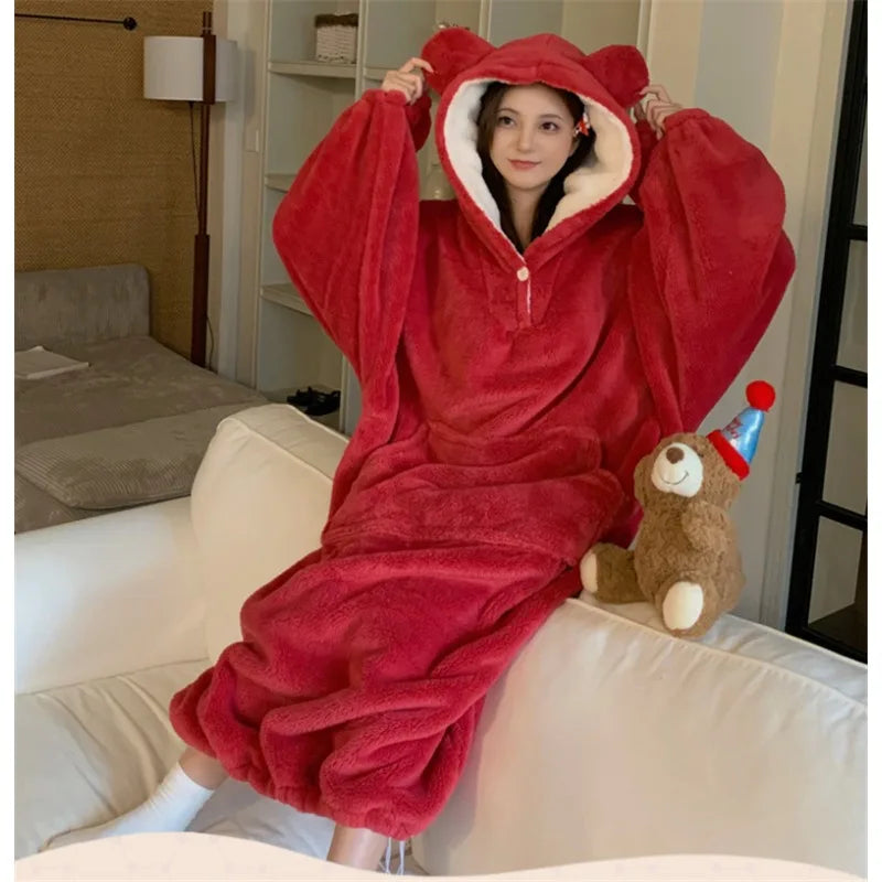 Women's Flannel Hooded Nightgown – Warm Padded Winter Homewear Flannel Nightgown Axl