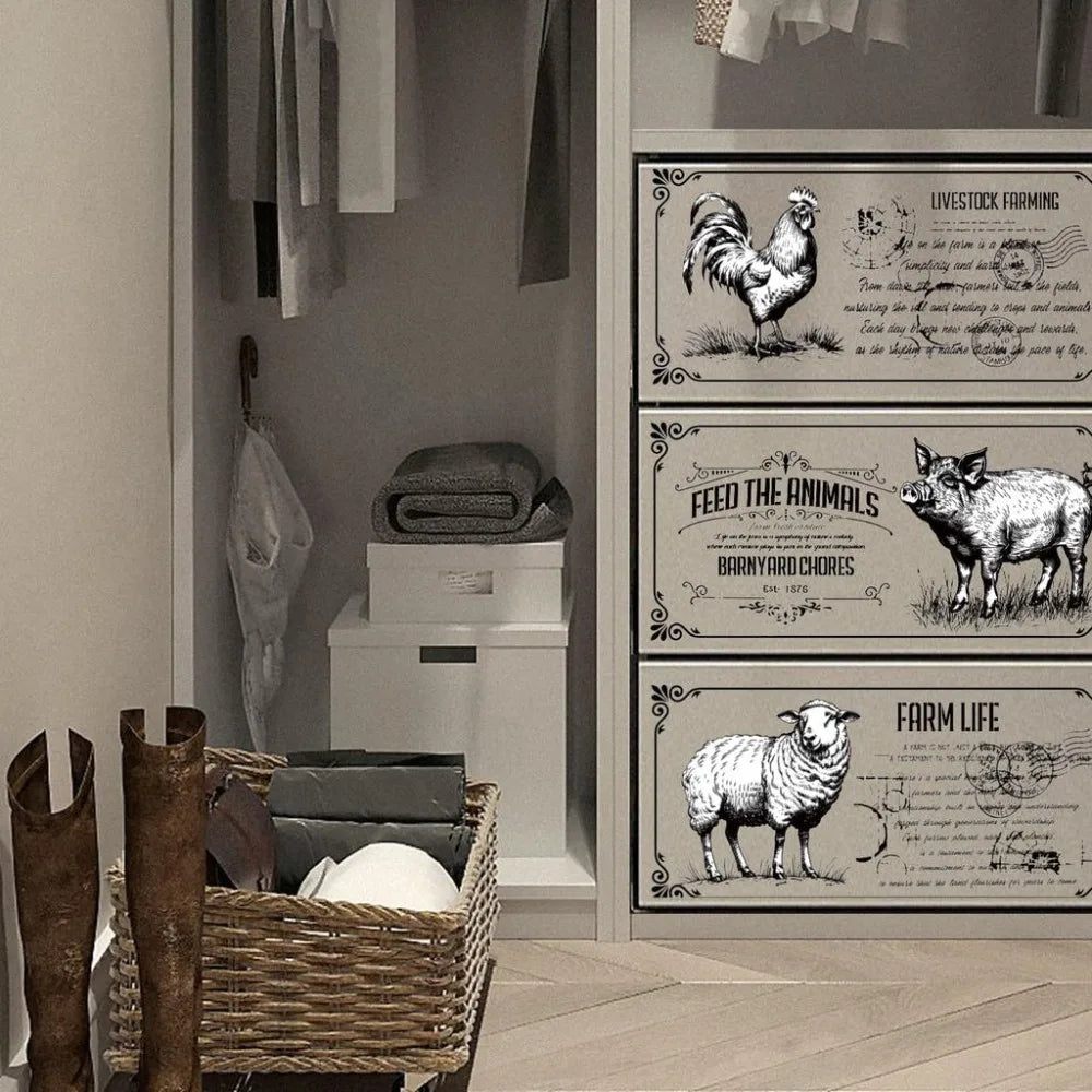Retro Farm Animal Rub-On Transfer Decals – 3 Sheets 6×12" Rub-On Transfer Decals Axl